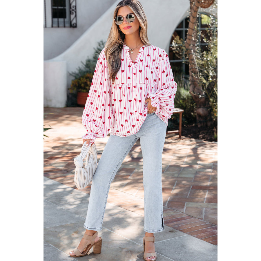Pink Stripe Textured Heart Print Long Flounce Sleeve Shirt Tops/Blouses & Shirts