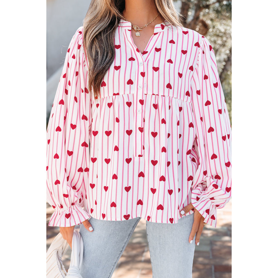 Pink Stripe Textured Heart Print Long Flounce Sleeve Shirt Tops/Blouses & Shirts