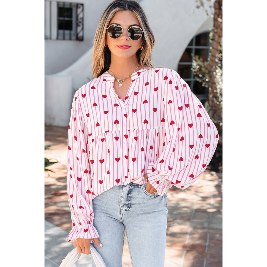 Pink Stripe Textured Heart Print Long Flounce Sleeve Shirt Tops/Blouses & Shirts