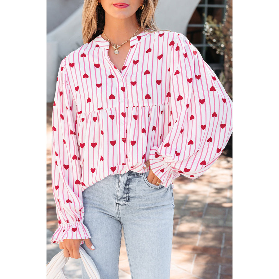 Pink Stripe Textured Heart Print Long Flounce Sleeve Shirt Tops/Blouses & Shirts