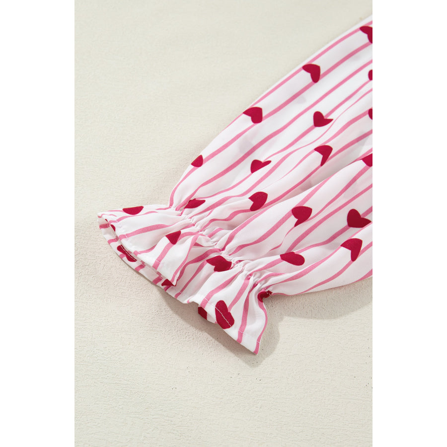 Pink Stripe Textured Heart Print Long Flounce Sleeve Shirt Tops/Blouses & Shirts