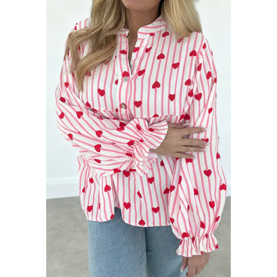 Pink Stripe Textured Heart Print Long Flounce Sleeve Shirt Tops/Blouses & Shirts
