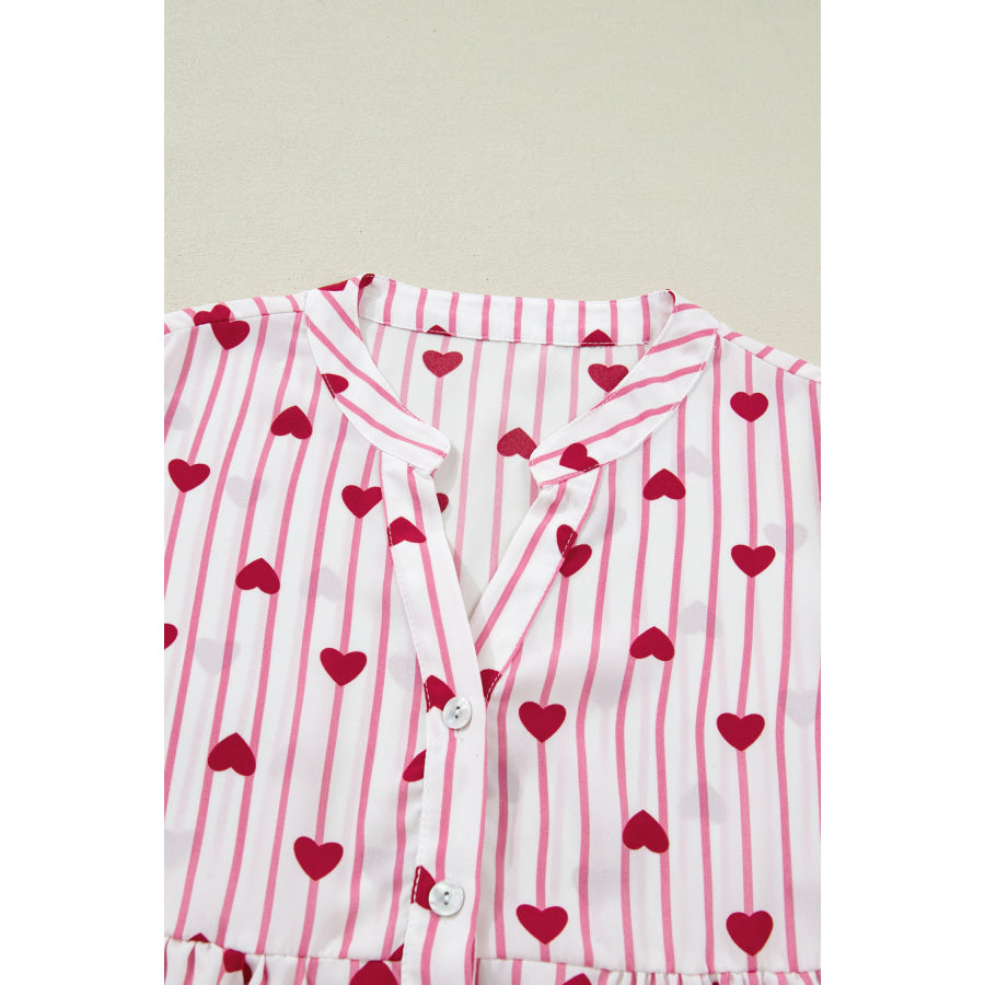 Pink Stripe Textured Heart Print Long Flounce Sleeve Shirt Tops/Blouses & Shirts