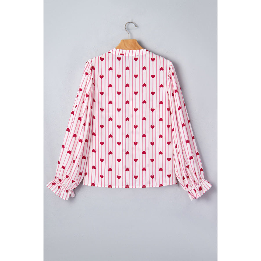 Pink Stripe Textured Heart Print Long Flounce Sleeve Shirt Tops/Blouses & Shirts