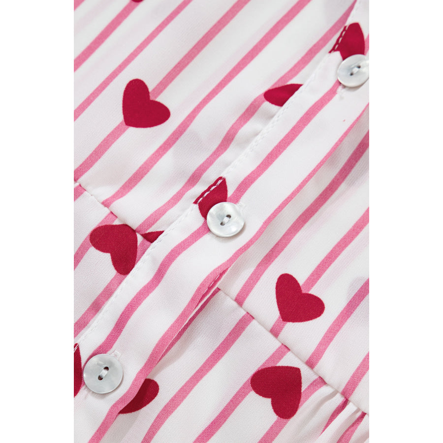 Pink Stripe Textured Heart Print Long Flounce Sleeve Shirt Tops/Blouses & Shirts