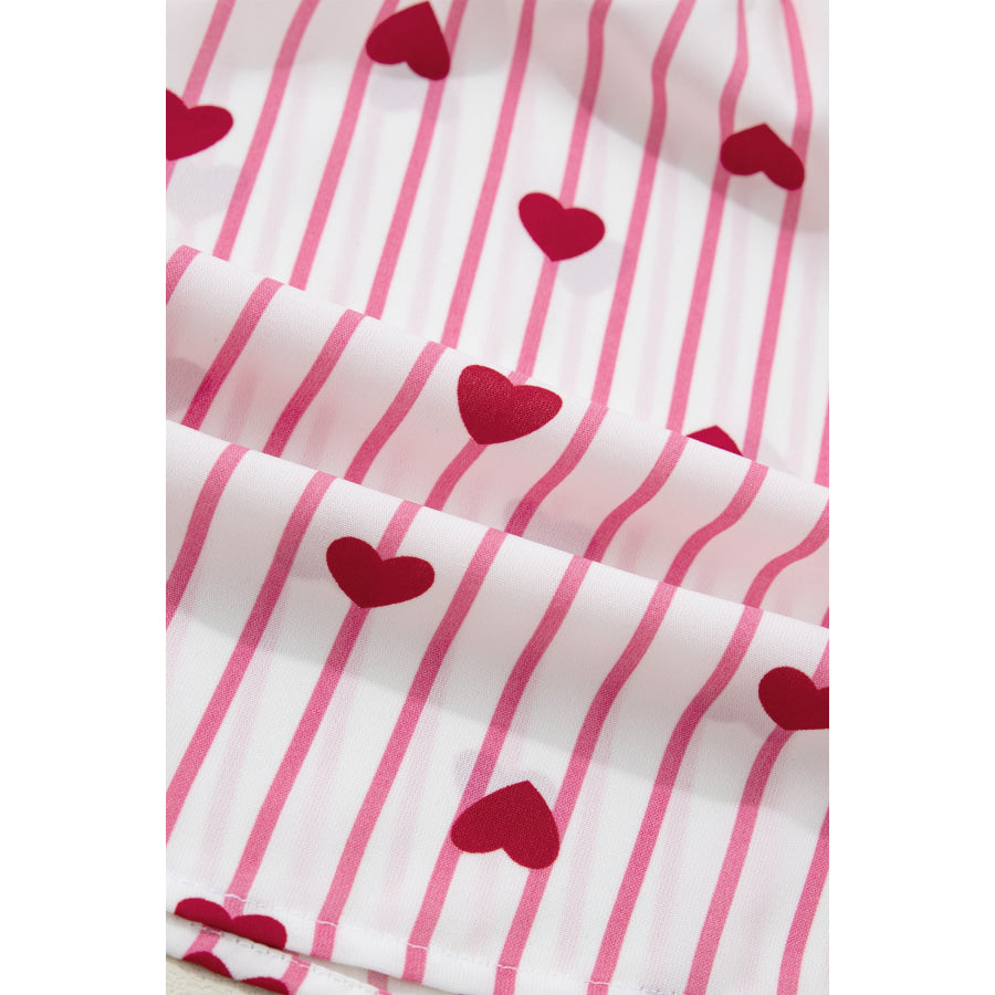 Pink Stripe Textured Heart Print Long Flounce Sleeve Shirt Tops/Blouses & Shirts