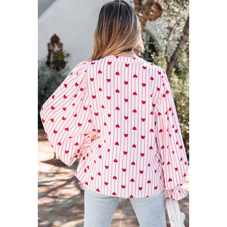 Pink Stripe Textured Heart Print Long Flounce Sleeve Shirt Tops/Blouses & Shirts
