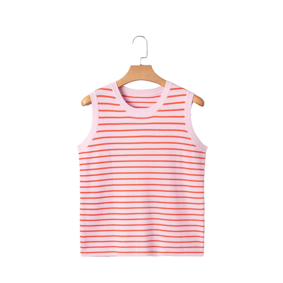 Pink Stripe Textured Knit Sleeveless Casual Sweater Top Sweaters & Cardigans/Sweater Vests