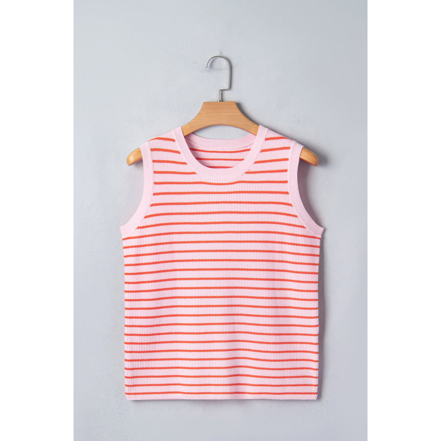 Pink Stripe Textured Knit Sleeveless Casual Sweater Top Sweaters & Cardigans/Sweater Vests
