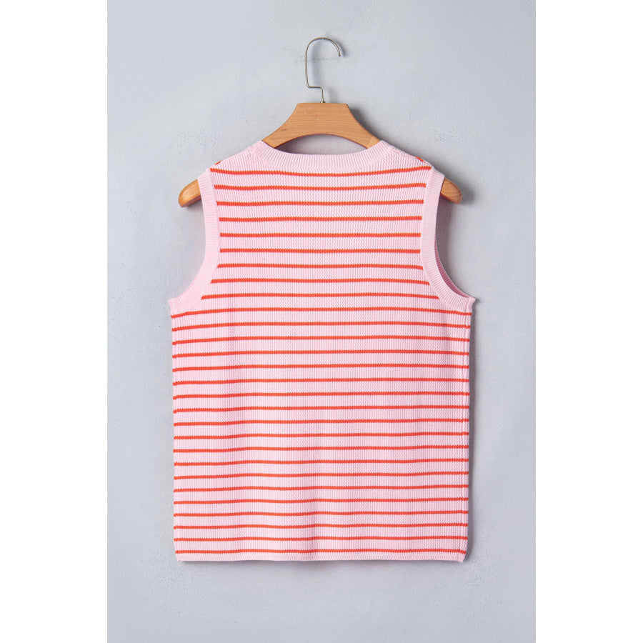 Pink Stripe Textured Knit Sleeveless Casual Sweater Top Sweaters & Cardigans/Sweater Vests
