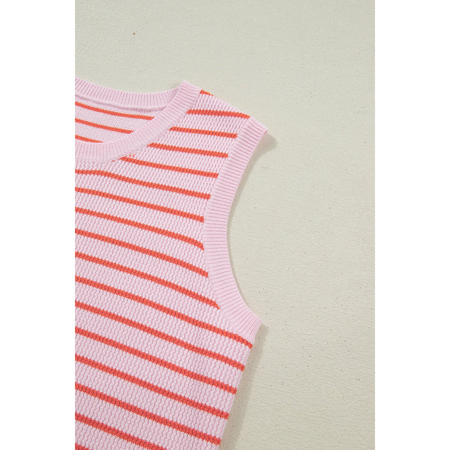 Pink Stripe Textured Knit Sleeveless Casual Sweater Top Sweaters & Cardigans/Sweater Vests