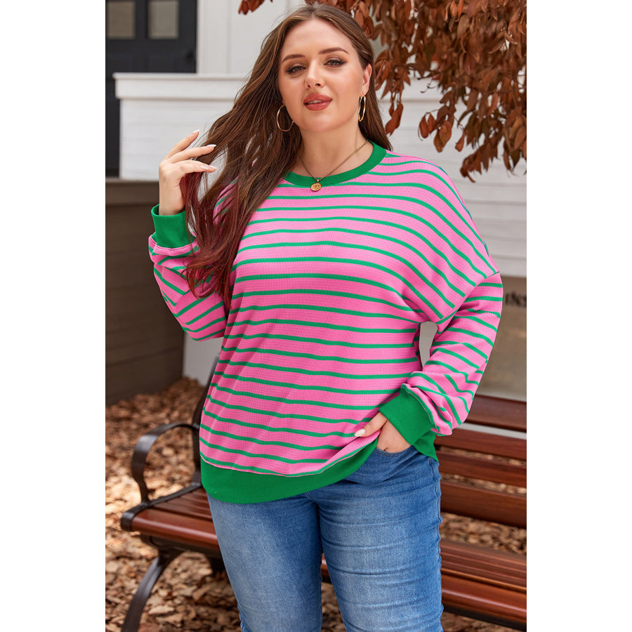 Pink Stripe Waffle Knit Crew Neck Plus Size Sweatshirt Pink Stripe / 1X / 95% Polyester + 5% Elastane Plus Size/Plus Size Sweatshirts &