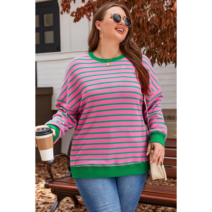 Pink Stripe Waffle Knit Crew Neck Plus Size Sweatshirt Plus Size/Plus Size Sweatshirts & Hoodies