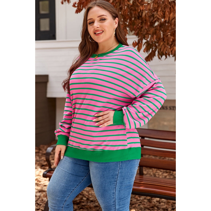 Pink Stripe Waffle Knit Crew Neck Plus Size Sweatshirt Plus Size/Plus Size Sweatshirts & Hoodies