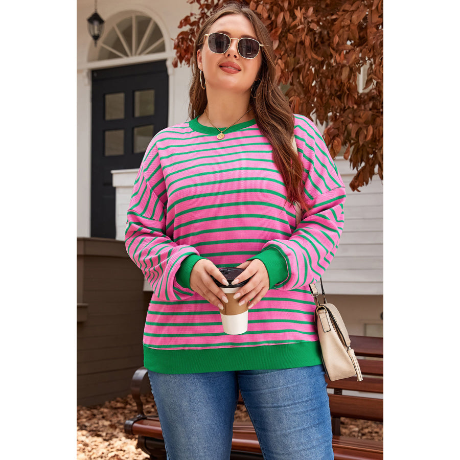 Pink Stripe Waffle Knit Crew Neck Plus Size Sweatshirt Plus Size/Plus Size Sweatshirts & Hoodies