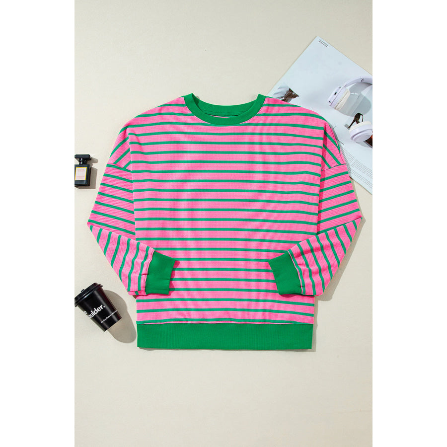 Pink Stripe Waffle Knit Crew Neck Plus Size Sweatshirt Plus Size/Plus Size Sweatshirts & Hoodies