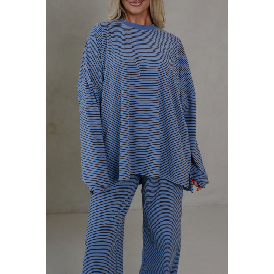 Pink Striped Drop Shoulder Long Sleeve Pant Set Blue Stripe / S / 90% Polyester + 10% Elastane Two Piece Sets/Pant Sets
