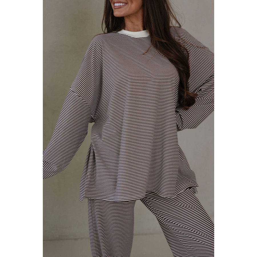 Pink Striped Drop Shoulder Long Sleeve Pant Set Brown Stripe / S / 90% Polyester + 10% Elastane Two Piece Sets/Pant Sets