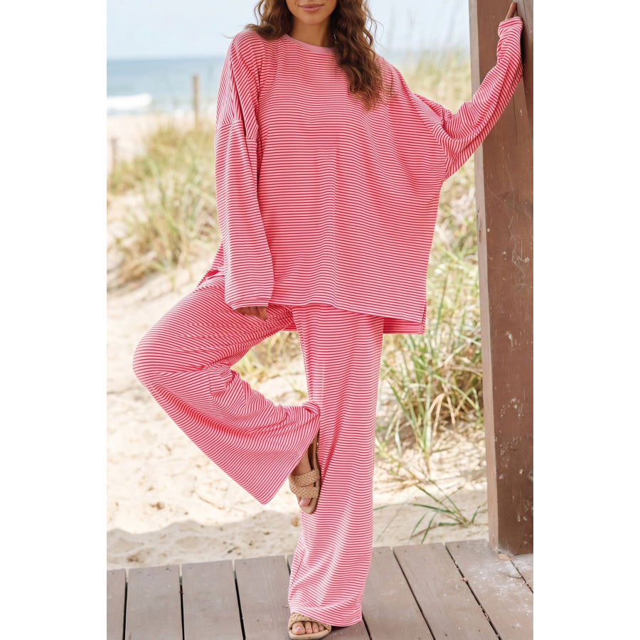 Pink Striped Drop Shoulder Long Sleeve Pant Set Pink Stripe / S / 90% Polyester + 10% Elastane Two Piece Sets/Pant Sets