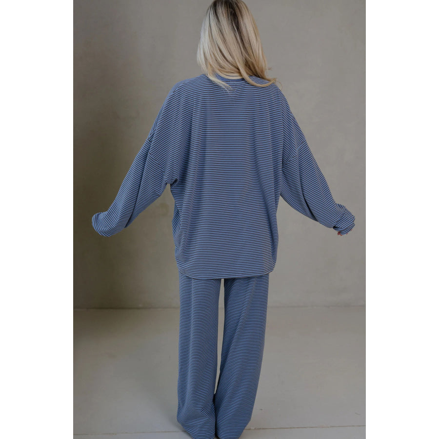 Pink Striped Drop Shoulder Long Sleeve Pant Set Two Piece Sets/Pant Sets