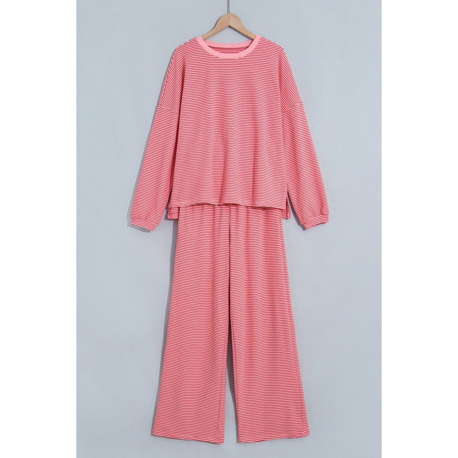 Pink Striped Drop Shoulder Long Sleeve Pant Set Two Piece Sets/Pant Sets