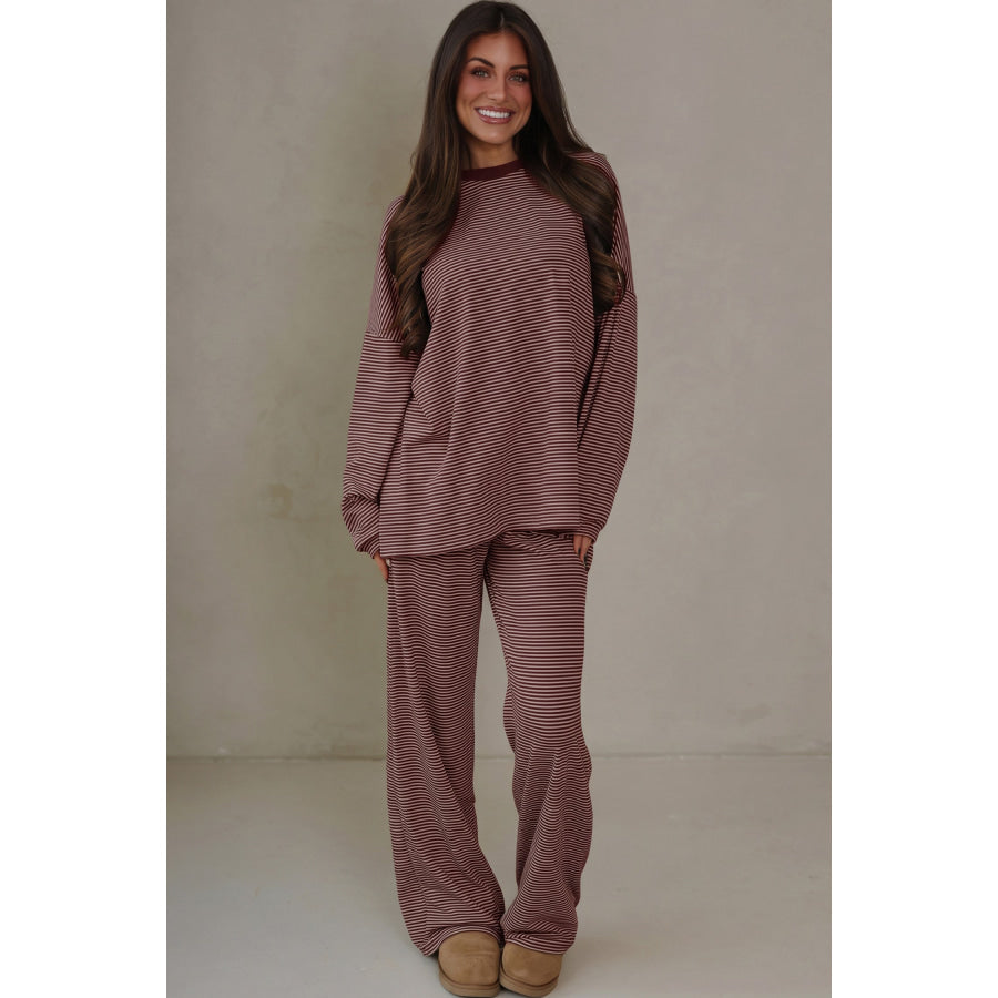 Pink Striped Drop Shoulder Long Sleeve Pant Set Two Piece Sets/Pant Sets