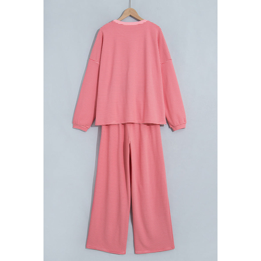 Pink Striped Drop Shoulder Long Sleeve Pant Set Two Piece Sets/Pant Sets