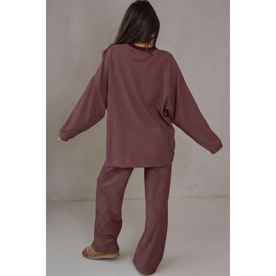 Pink Striped Drop Shoulder Long Sleeve Pant Set Two Piece Sets/Pant Sets