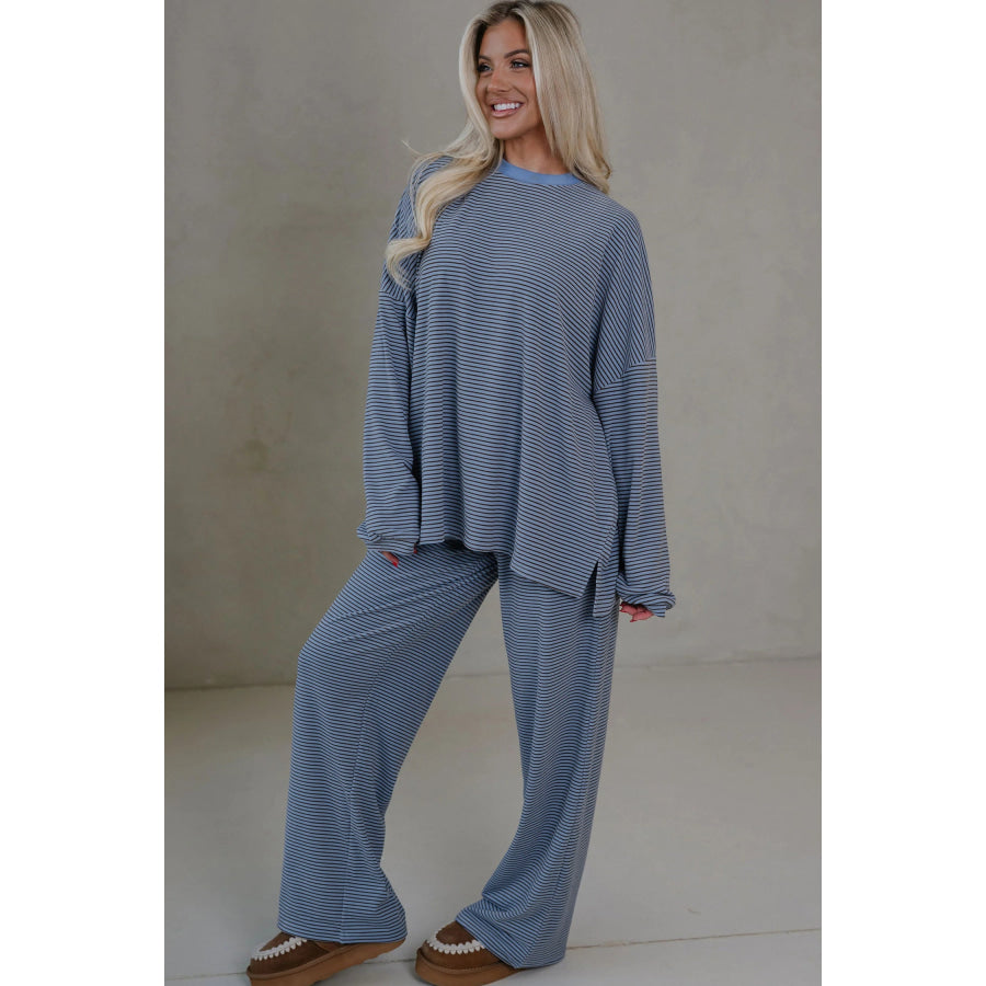 Pink Striped Drop Shoulder Long Sleeve Pant Set Two Piece Sets/Pant Sets