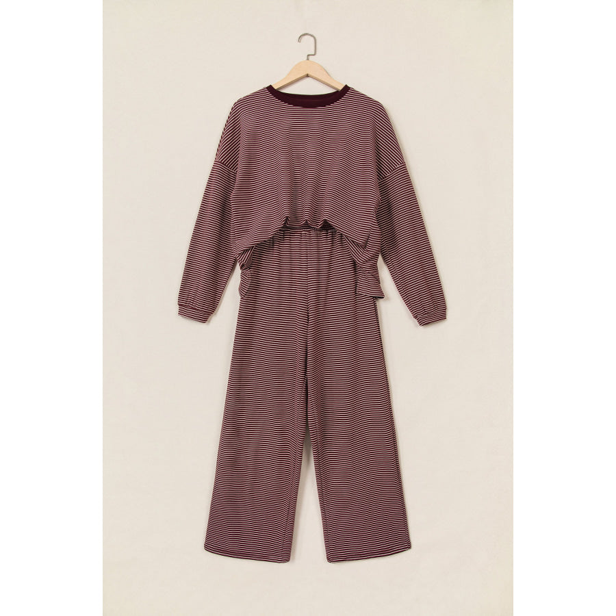 Pink Striped Drop Shoulder Long Sleeve Pant Set Two Piece Sets/Pant Sets