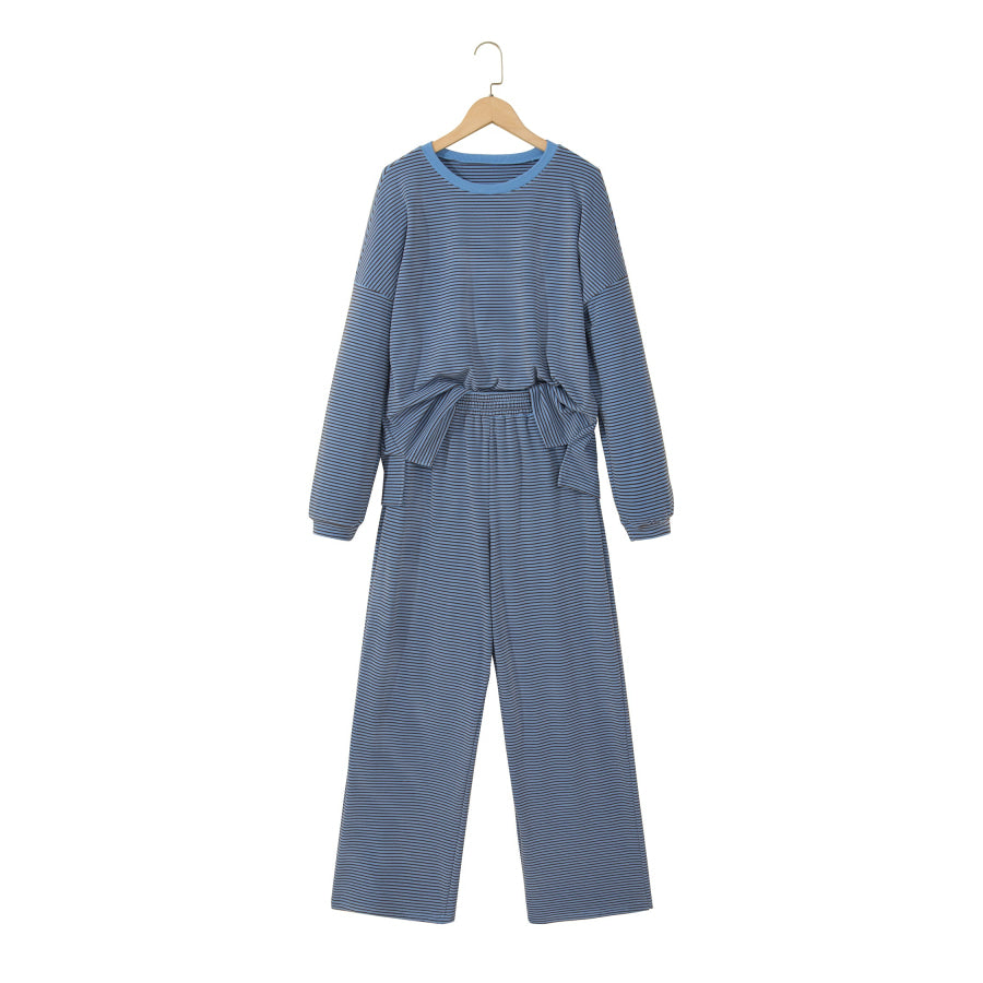 Pink Striped Drop Shoulder Long Sleeve Pant Set Two Piece Sets/Pant Sets