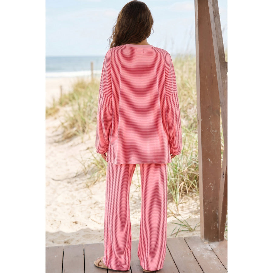 Pink Striped Drop Shoulder Long Sleeve Pant Set Two Piece Sets/Pant Sets