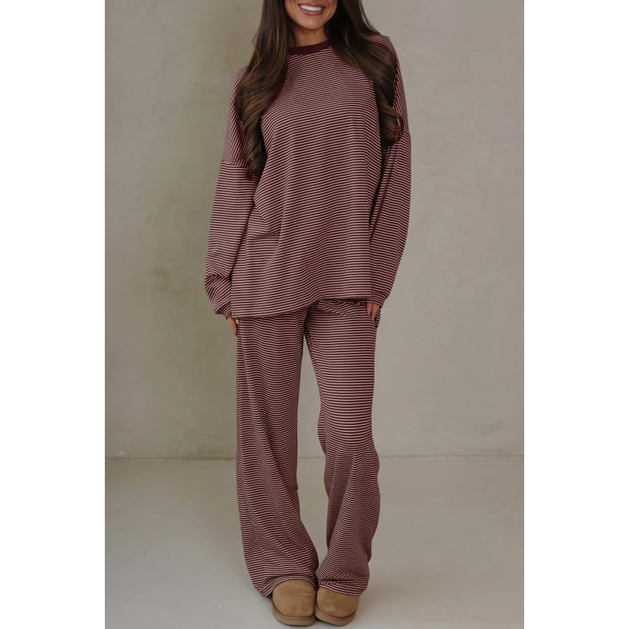Pink Striped Drop Shoulder Long Sleeve Pant Set Two Piece Sets/Pant Sets