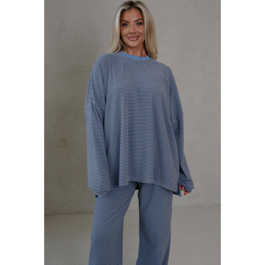 Pink Striped Drop Shoulder Long Sleeve Pant Set Two Piece Sets/Pant Sets