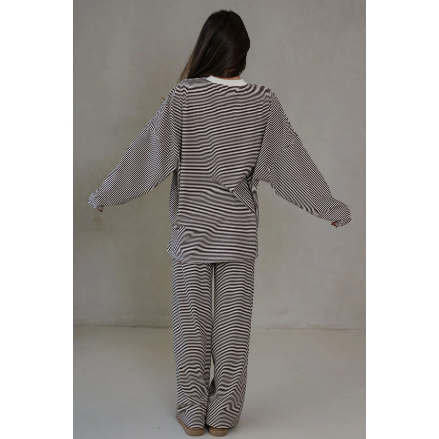 Pink Striped Drop Shoulder Long Sleeve Pant Set Two Piece Sets/Pant Sets