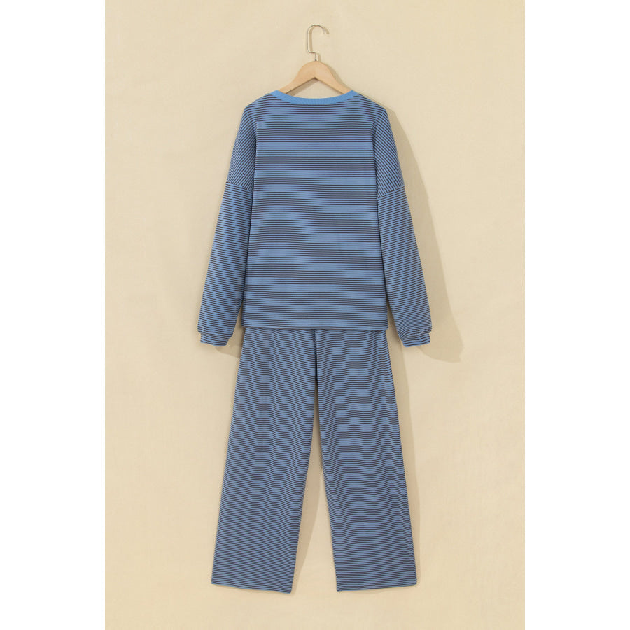 Pink Striped Drop Shoulder Long Sleeve Pant Set Two Piece Sets/Pant Sets