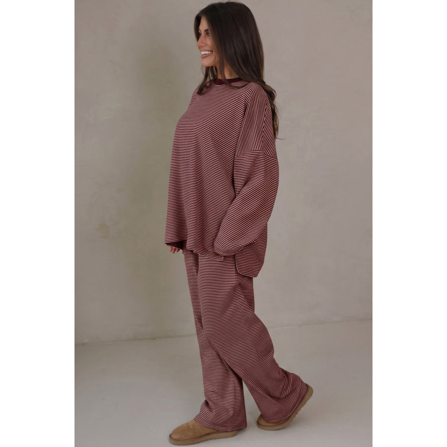 Pink Striped Drop Shoulder Long Sleeve Pant Set Two Piece Sets/Pant Sets