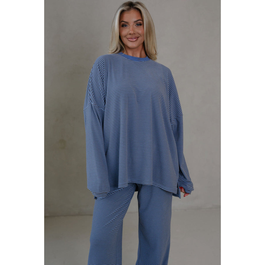 Pink Striped Drop Shoulder Long Sleeve Pant Set Two Piece Sets/Pant Sets