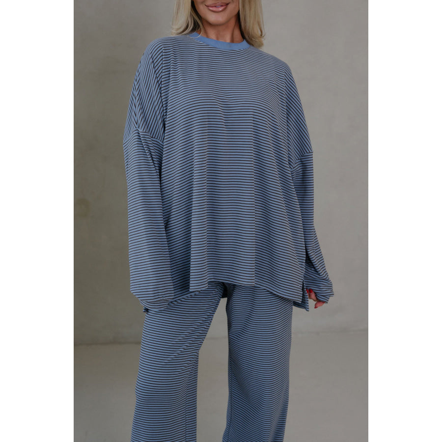 Pink Striped Drop Shoulder Long Sleeve Pant Set Two Piece Sets/Pant Sets