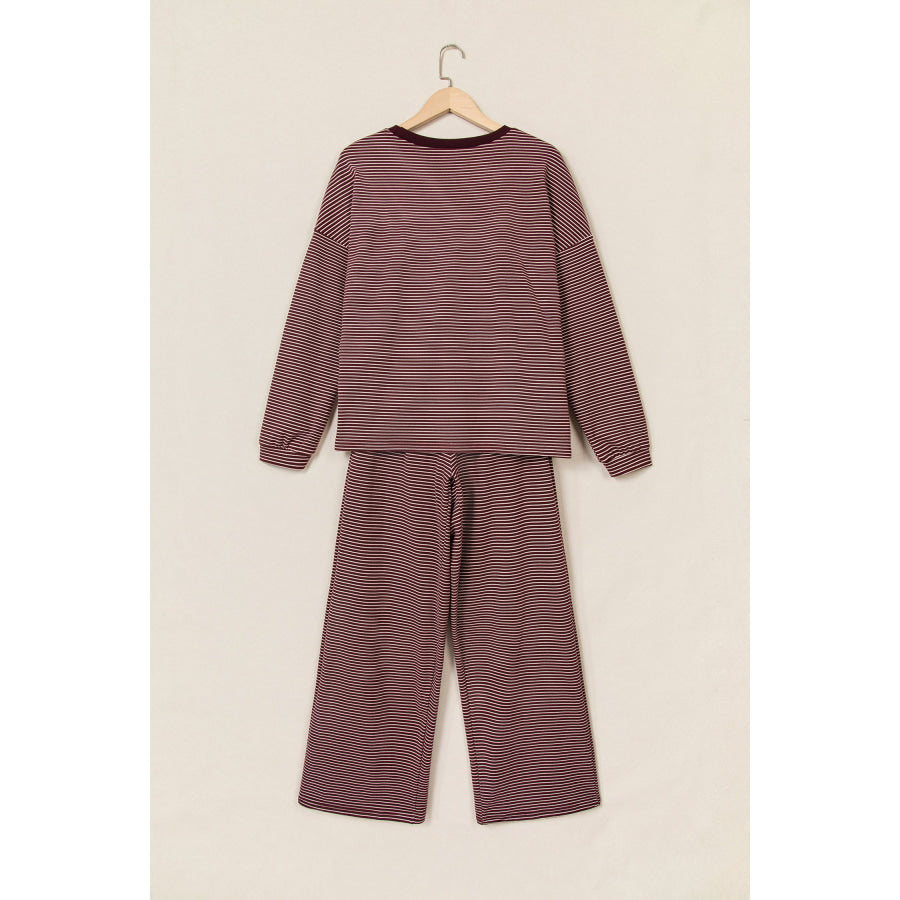 Pink Striped Drop Shoulder Long Sleeve Pant Set Two Piece Sets/Pant Sets