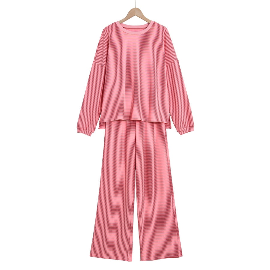 Pink Striped Drop Shoulder Long Sleeve Pant Set Two Piece Sets/Pant Sets