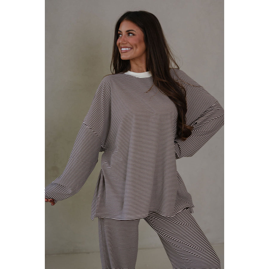 Pink Striped Drop Shoulder Long Sleeve Pant Set Two Piece Sets/Pant Sets