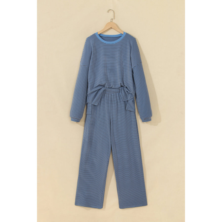 Pink Striped Drop Shoulder Long Sleeve Pant Set Two Piece Sets/Pant Sets