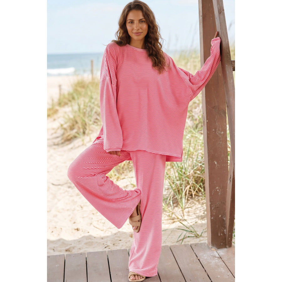 Pink Striped Drop Shoulder Long Sleeve Pant Set Two Piece Sets/Pant Sets