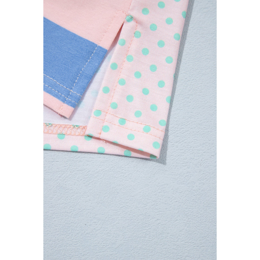 Pink Striped Polka Dot Patchwork Polo Collar Long Sleeve Top Tops/Long Tops