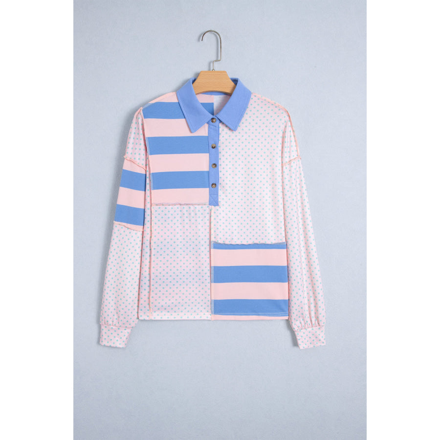 Pink Striped Polka Dot Patchwork Polo Collar Long Sleeve Top Tops/Long Tops