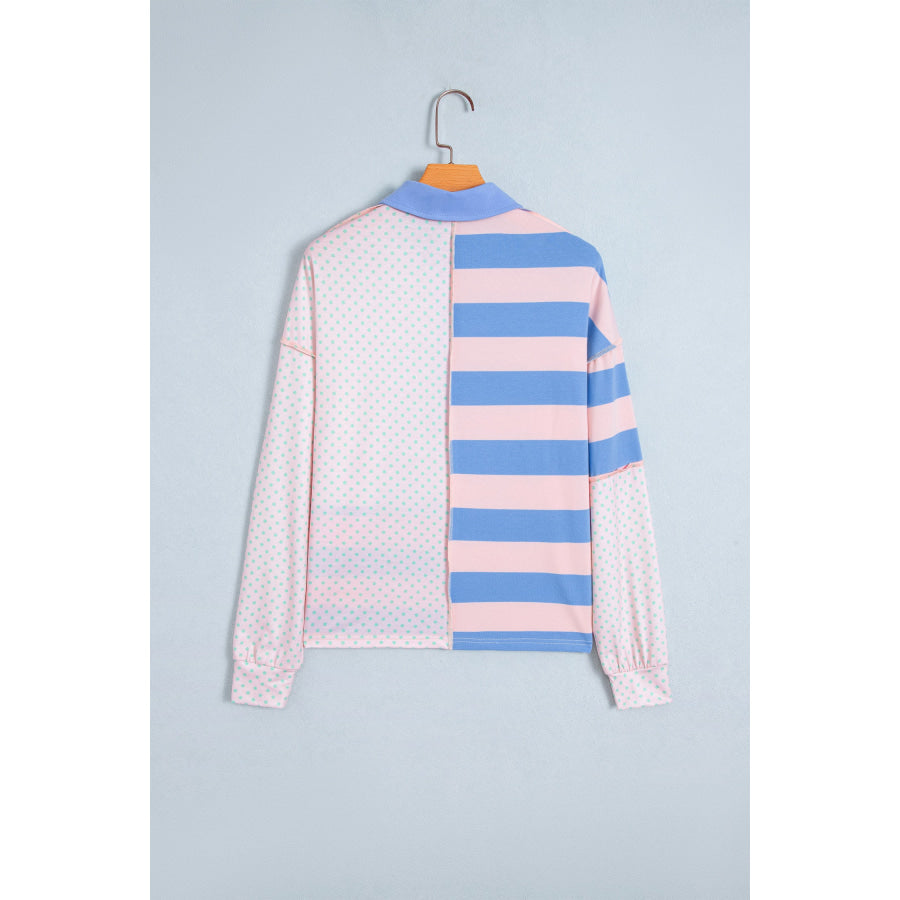 Pink Striped Polka Dot Patchwork Polo Collar Long Sleeve Top Tops/Long Tops