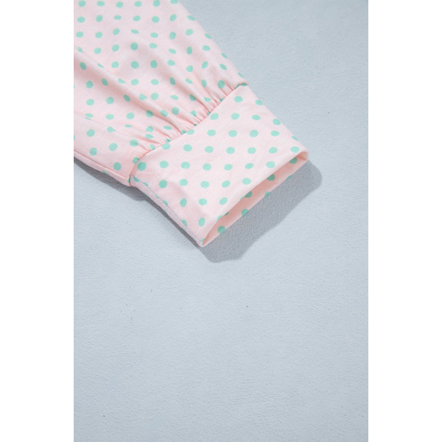 Pink Striped Polka Dot Patchwork Polo Collar Long Sleeve Top Tops/Long Tops