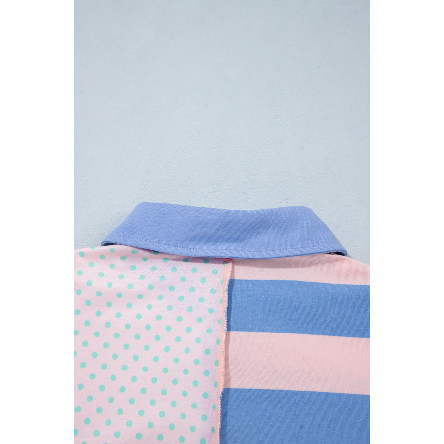 Pink Striped Polka Dot Patchwork Polo Collar Long Sleeve Top Tops/Long Tops
