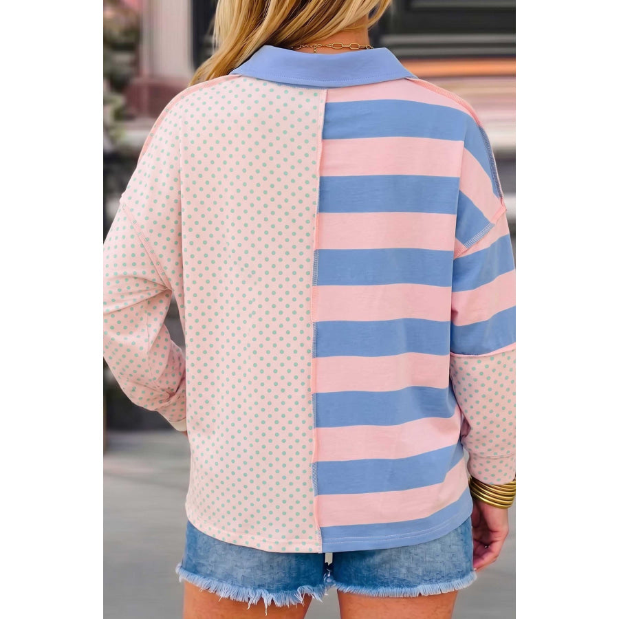 Pink Striped Polka Dot Patchwork Polo Collar Long Sleeve Top / S / 95% Cotton + 5% Elastane Tops/Long Tops